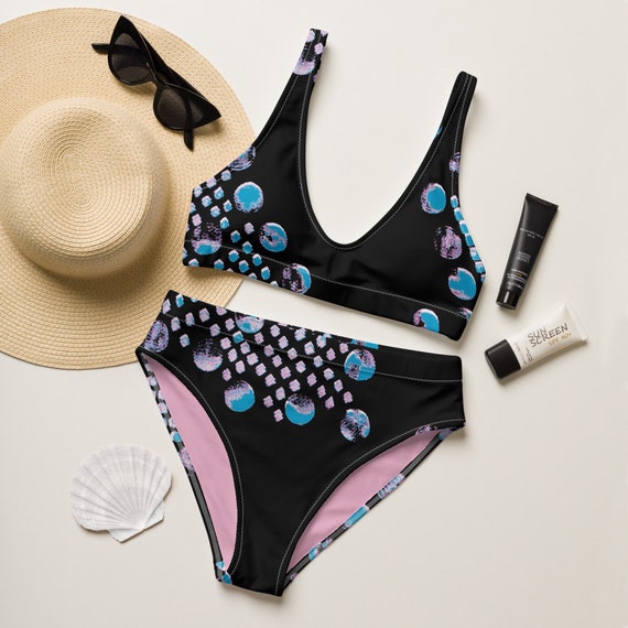 Pink and Blue Bikini - Eco Friendly -Recycled - High Waisted Bikini - Hippie - Boho Style - Beachwear - Gift for her - Sexy Bikini - For Her