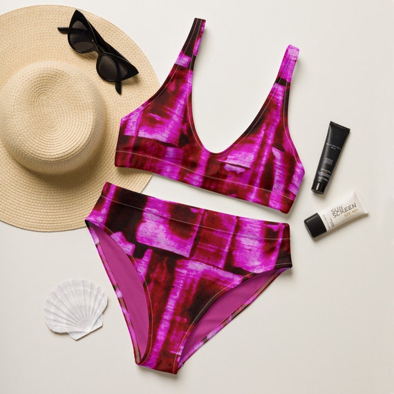 Recycled high-waisted bikini- Hand-Painted Pattern - Bold Style - Eco-Friendly - Recycled -Hippie - Gift for her - Pink Bikini - Sexy Bikini