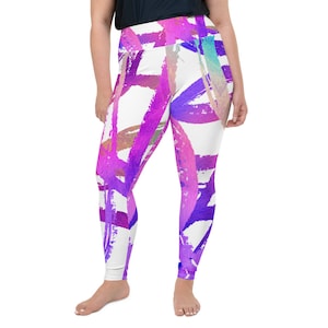 May include: Purple and pink abstract brushstroke pattern leggings on a white background. The leggings are high-waisted and have a fitted silhouette.