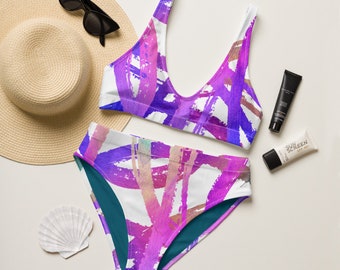 Recycled high-waisted bikini - Hippie - Retro Style - Beachwear - Gift for her - Colorful - Tropical Pattern - Women Bikini - Swimwear