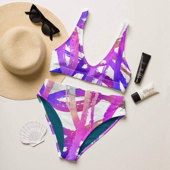 Recycled high-waisted bikini - Hippie - Retro Style - Beachwear - Gift for her - Colorful - Tropical Pattern - Women Bikini - Swimwear