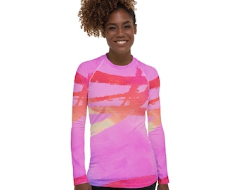 Women's Rash Guard Pink Long Sleeve Rash Guard for Women Abstract Design Sun Protection - UPF Swim Shirt Perfect for Surfing, MMA, BJJ