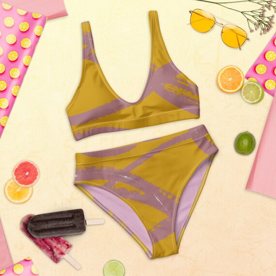 Recycled high-waisted bikini- Hand-Painted Pattern - Bold Style - Eco-Friendly - Recycled -- Hippie - Gift for her - Pink Yellow Bikini