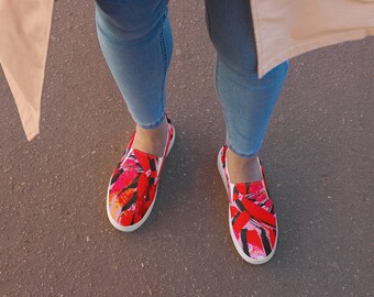 Tropical Leaves Shoes, Tropical Leaves Sneakers, Red Women Shoes, Shoes With Tropical Leaves, Women Slip-on, Women slip-on sandals