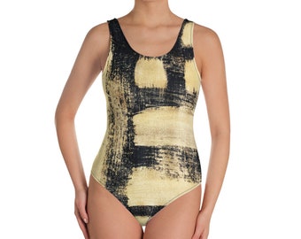 Gold and Black Swimsuit, One-Piece Swimsuit - Hand Painted Style - Beachwear - Gift for her - Black and White - Dash Pattern - Swimwear