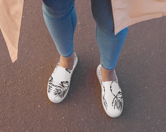 Women’s slip-on canvas shoes, Women’s canvas shoes, Tropical canvas shoes, White Sneakers , Sneakers, Shoes with black leaves, casual Shoes