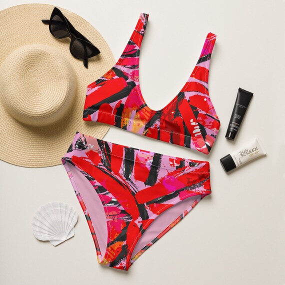 Floral Pattern Bikini - Hawaiian Pattern - Bold - Red Flowers - Recycled high-waisted bikini - - Hippie - Boho Style - Beachwear - Sexy