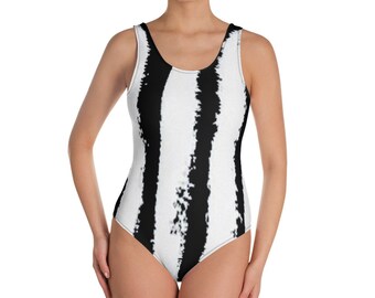 Swimsuit - One-Piece Swimsuit - Hand Painted Style - Beachwear - Gift for her - Black and White - Zebra Pattern - Swimwear - Sexy Swimsuit