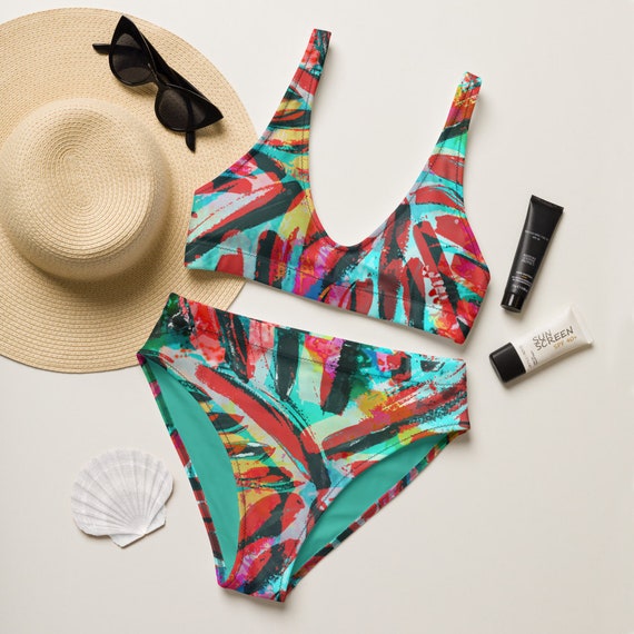 Neon Bikini- Floral Pattern - Hawaiian Pattern - Recycled high-waisted bikini - Boho Style - Hippie - Beachwear - Gift for her - Sexy Bikini