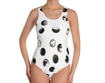 Swimsuit - One-Piece Swimsuit - Hand Painted Style - Beachwear - Gift for her - Black and White - Dots Pattern - Swimwear - Sexy Swimsuit