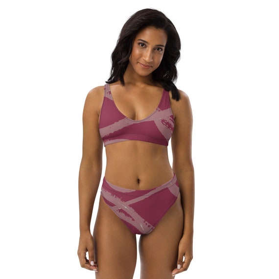 Recycled high-waisted bikini- Hand-Painted Pattern - Bold Style - Eco-Friendly - Recycled -- Hippie - Gift for her - Pink Bikini