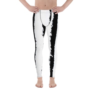 Checkered Men's Leggings, Black White Squares Check Printed