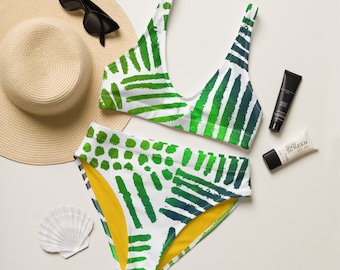 Recycled high-waisted bikini - Hippie - Retro Style - Beachwear - Gift for her - Green Pattern - Tropical Pattern - Women Bikini - Swimwear