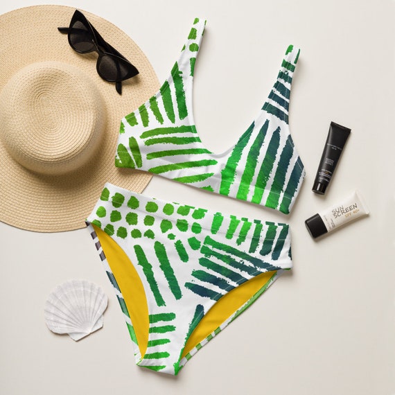 Recycled high-waisted bikini - Hippie - Retro Style - Beachwear - Gift for her - Green Pattern - Tropical Pattern - Women Bikini - Swimwear