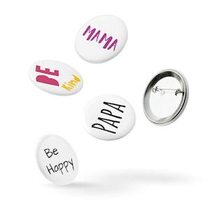 Familie Pin Buttons: Mama, Papa, Be Kind, Be Happy (5er Set)