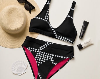 Recycled high-waisted bikini - Hippie - Retro Style - Beachwear - Gift for her - Black and White - Metro Pattern - Dash pattern
