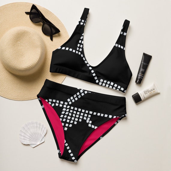 Recycled high-waisted bikini - Hippie - Retro Style - Beachwear - Gift for her - Black and White - Metro Pattern - Dash pattern