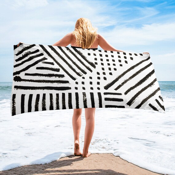 Black White Towel, Bath Spa Sauna Beach Towel Extra HIGH Quality towel , personalized towel, custom towel, birthday gift, Patterned Shapes