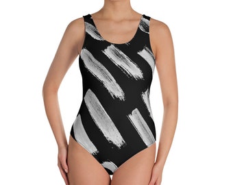 One-Piece Swimsuit, Swimsuit, One-Piece Swimsuit - Hand Painted Style - Beachwear - Gift for her - Black and White - Dash Pattern - Sexy