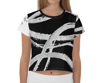 Imperfect Clizia Flow Black All-Over Print Crop Tee - Girls T shirt - Black and White Tee - Printed Tee - Waves Pattern