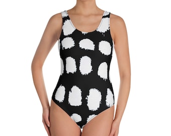 Swimsuit - One-Piece Swimsuit - Hand Painted Style - Beachwear - Gift for her - Black and White - Dots Pattern - Swimwear - Sexy Swimsuit