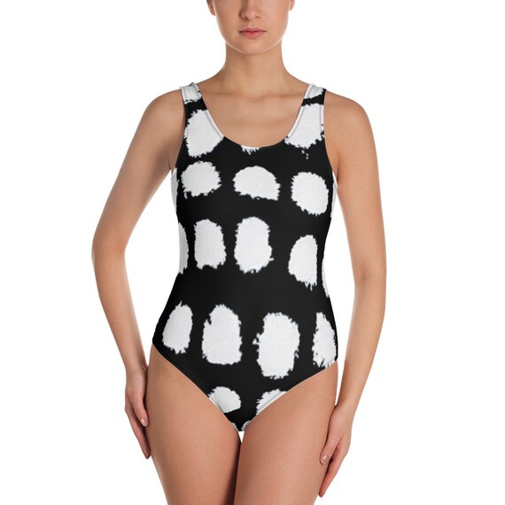 Swimsuit - One-Piece Swimsuit - Hand Painted Style - Beachwear - Gift for her - Black and White - Dots Pattern - Swimwear - Sexy Swimsuit