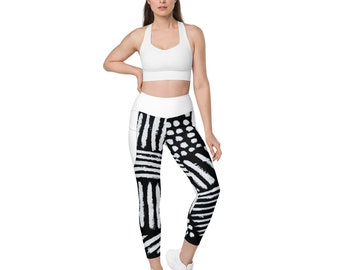 Leggings with pockets, Women's Leggings - women's pants -Leggings with Scribble Pattern - Tie-Dye Effect - Hand-paint pattern -black- white