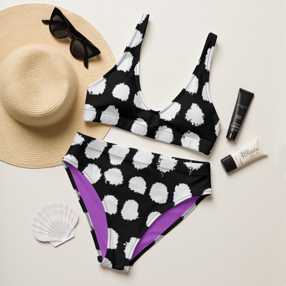 Recycled high-waisted bikini - Hippie - Retro Style - Beachwear - Gift for her - Dots Pattern - Black and White - Women Bikini - Swimwear