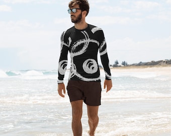 Men's Rash Guard, Long Sleeve Rash Guard Guard for Men, Black and White Design, Sun Protection, UPF Swim Shirt Perfect for Surfing, MMA, BJJ