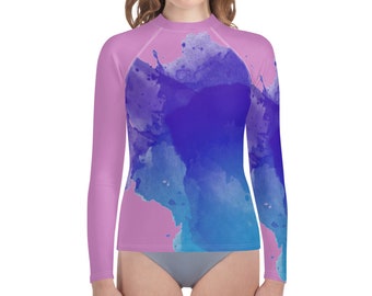 Pink and Blue Unisex Rash Guard (8-20), Print Surf Kids Teen Long Sleeve Swim Shirt Sun Swimsuit Wet Suit Protection 40 UPF
