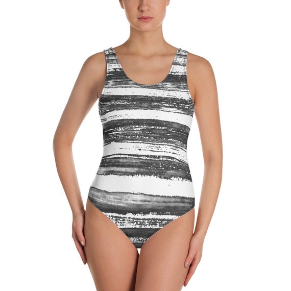 Swimsuit - One-Piece Swimsuit - Hand Painted Style -Beachwear - Gift for her - Black and White - Stripes Pattern - Swimwear - Sexy Swimsuit