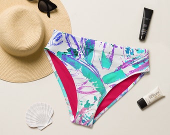 Floral Pattern Bikini Bottom - Hawaiian Pattern - Neon - Eco-Friendly - Recycled - high-waisted bikini bottom - Boho Style - Beachwear