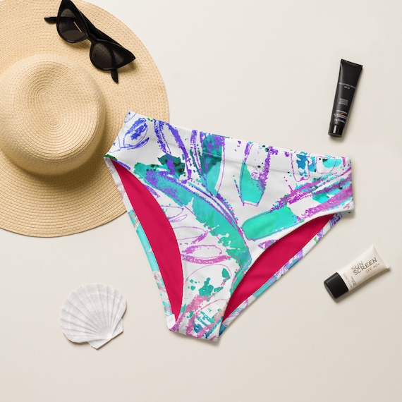 Floral Pattern Bikini Bottom - Hawaiian Pattern - Neon - Eco-Friendly - Recycled - high-waisted bikini bottom - Boho Style - Beachwear