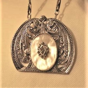 Stunning Silvertone Curved Lacy Openwork Vintage Faux-Marcasite Swirled Creamy Celluloid Oval Rhinestone Pendant Necklace