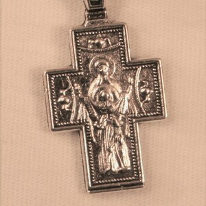 Handsome Sculpted Small-Sized Etch Detail Orthodox Our Lady of Carmel Crucifixion of Christ Cross Pendant Necklace