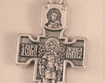 Unique Truncated & Sculpted Orthodox Saint Michael the Archangel Crucified Christ Cross Silvertone Pendant Necklace