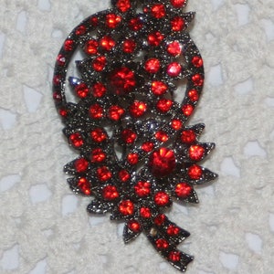 May include: A silver chain necklace with a red rhinestone pendant in the shape of a stylized flower.