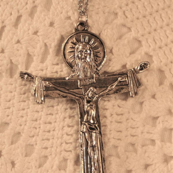 Handsome Holy Trinity Father Son Holy Spirit Silvertone Crucifix Cross Religious Christian Pendant Necklace