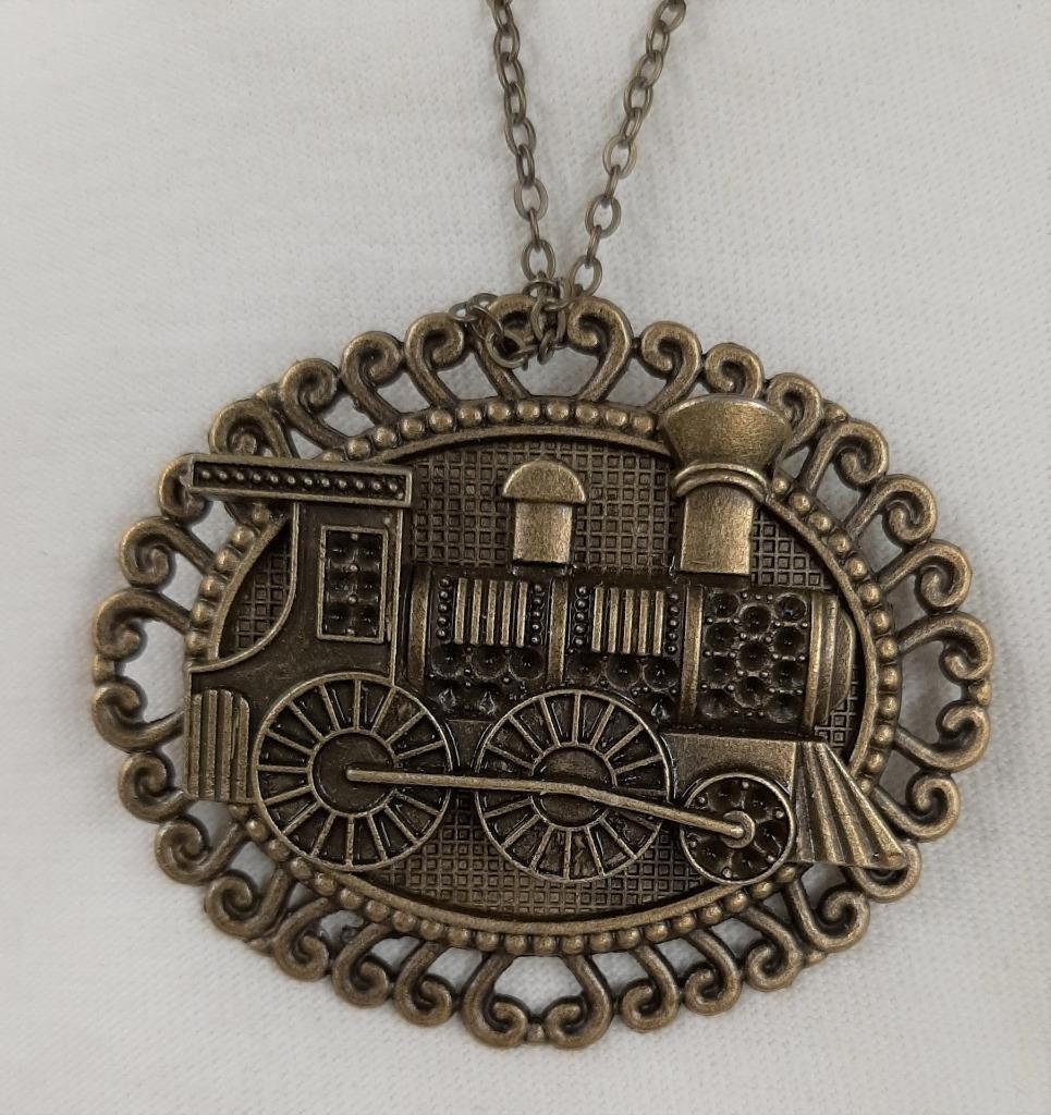 Handsome Swirled Rim Sculpted Railroad Train Brasstone Necklace Brooch Pin