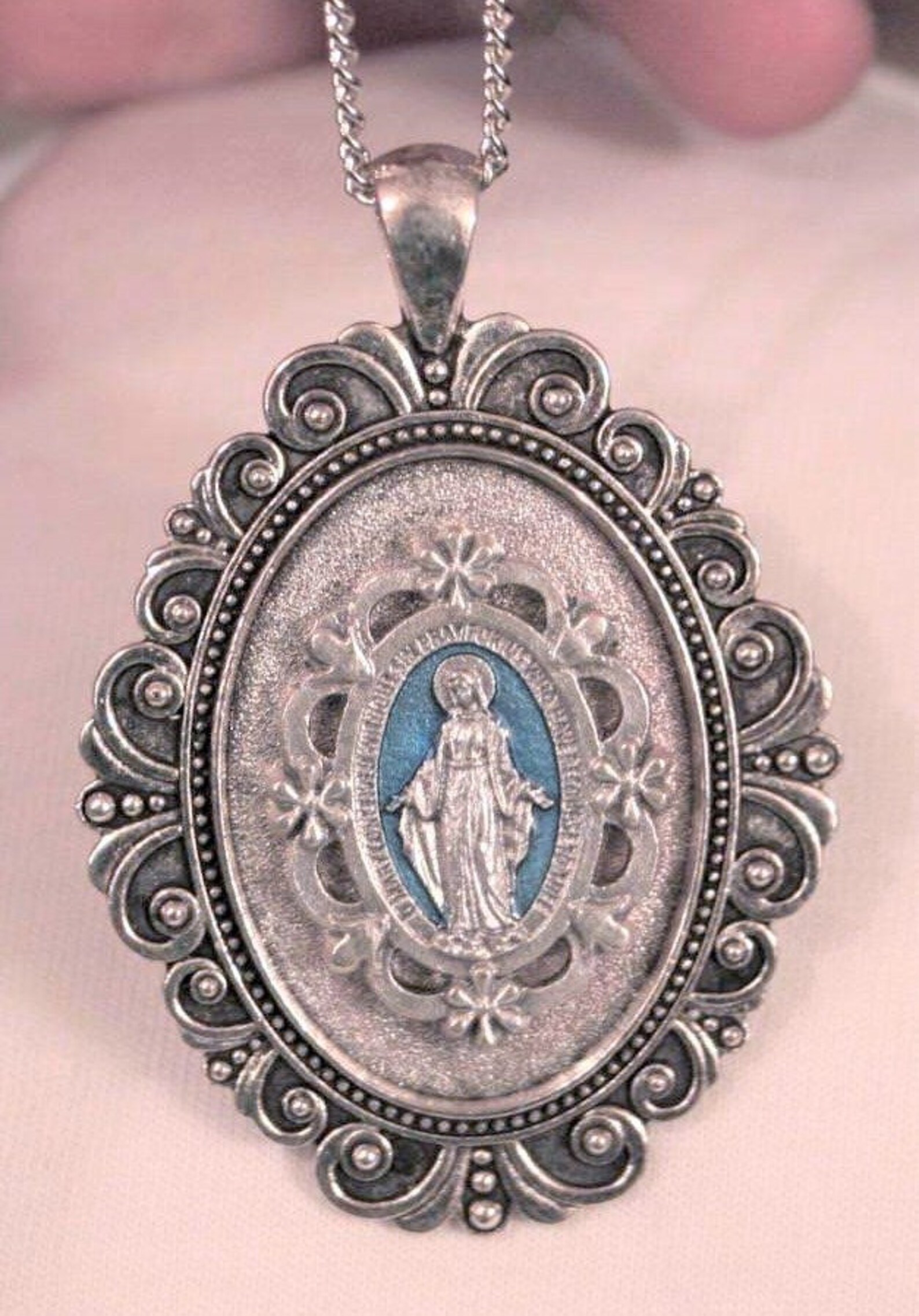 Lacy Floral Accented Blue Finish Background Miraculous Mary Our Lady of ...