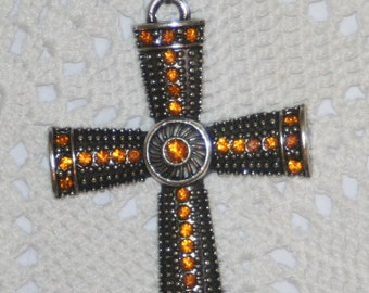 Handsome Mid-Size Silvertone Metal Beaded Pectoral Cross with Amber Rhinestones