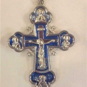Stunning Heavy Club Armed Silvertone Blue Enameled Orthodox Crucifix Pectoral Cross Pendant Necklace Matthew Mark Luke John
