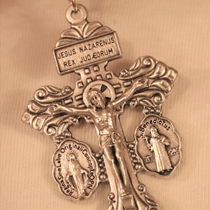 Silvertone Scapular Protective Crucifix Cross For God So Loved The World Miraculous Mary St. Benedict Religious Pendant Devotional Necklace