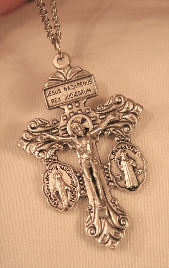 Silvertone Scapular Protective Crucifix Cross for God so Loved the