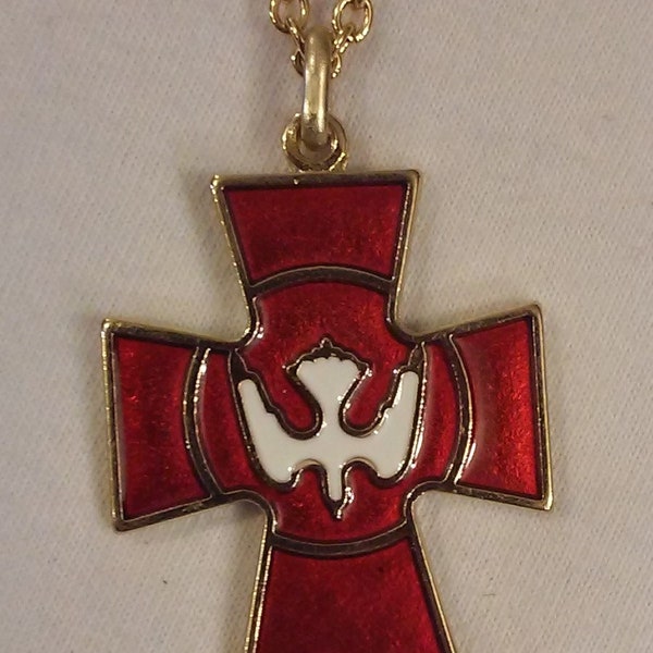 Handsome Shiny Red Finished Descending Dove of the Holy Spirit Inset Goldtone Cross Pendant Necklace