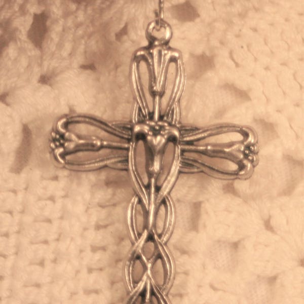 Openwork Silvertone Resurrection New Life Iris Lily Blossom Flower Cross Pendant Christian Religious Necklace Easter