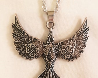 Gorgeous Swirl Etch Textured Celtic Phoenix Rising From the Ashes Triumphant Sculpted Silvertone Pendant Necklace