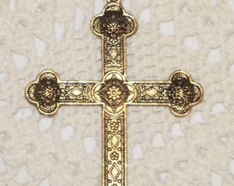 Handsome Club Armed Floral Etched Goldtone Pectoral Cross Pendant Necklace