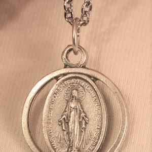 Lovely Open Rimmed Catholic Circle of Life Immaculate Conception Miraculous Mary Medal Silvertone Religious Devotional Necklace