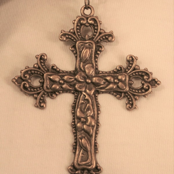 Striking Openwork Fleur de Lis Arms Dogwood Flowers Christian Pectoral Cross Brasstone Pendant Necklace